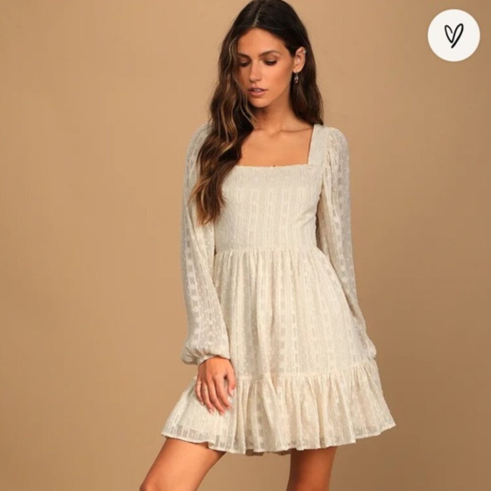 Lulus Only You and I Cream Long Sleeve Tie-Back Mini Skater Dress Sz L NWT